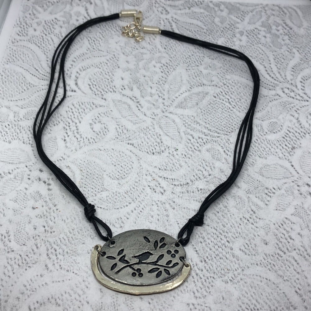 ARTISAN style rustic bird metal pendant corded rope necklace boho festival.